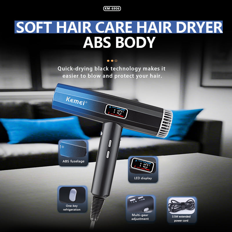 Kemei KM-6906 Professional Hair Dryer – 2000W AC Motor, Ionic Fast Drying, Diffuser Nozzle – High-Speed 110,000 RPM