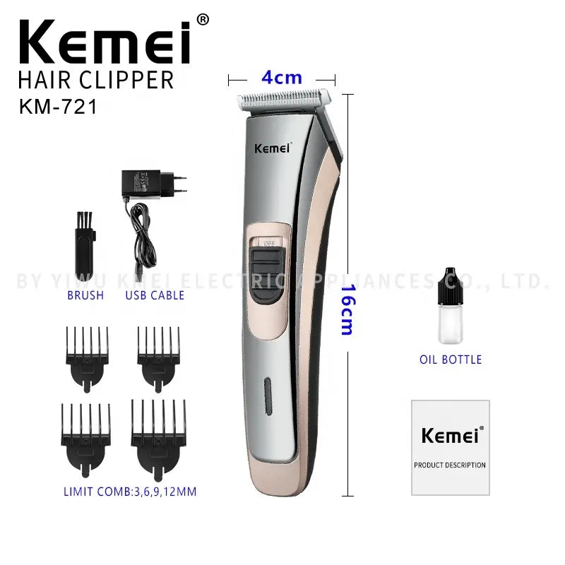 Kemei KM-721 Professional Electric Hair Clipper – USB Rechargeable Trimmer for Men with Stainless Steel Blades