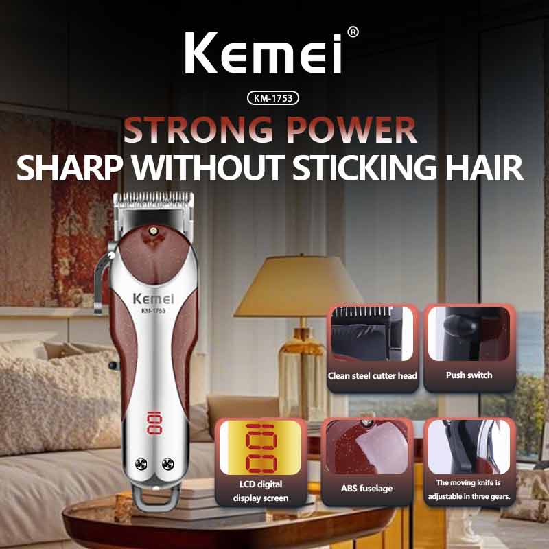 Kemei KM-1753 Professional Hair Clipper – Cordless Rechargeable Beard & Hair Trimmer with LCD Display
