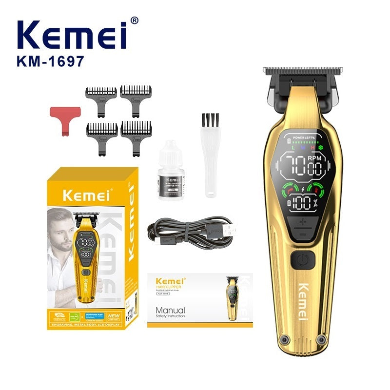Kemei KM-1697 Professional Hair Clipper – Metal Body, LCD Display, 1400mAh Battery, Adjustable Cutting, 7W Power