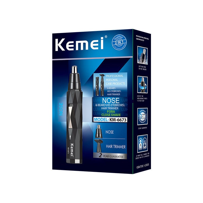 Kemei KM-6673 2-in-1 Nose and Ear Hair Trimmer for Men – Rechargeable, Lightweight, Stainless Steel Blades