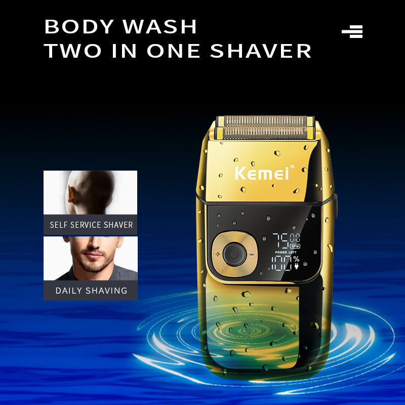 Kemei KM-2028 Electric Shaver for Men – Gold, Wet/Dry Use, LED Display, USB Rechargeable, Cordless Beard Trimmer