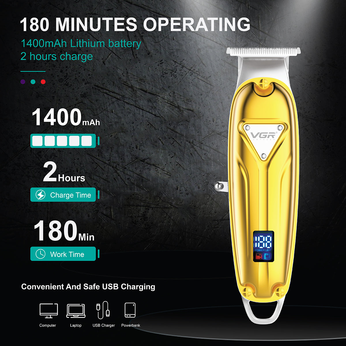 VGR V-062 Professional Cordless Hair Trimmer – Rechargeable LED Hair Clipper for Men