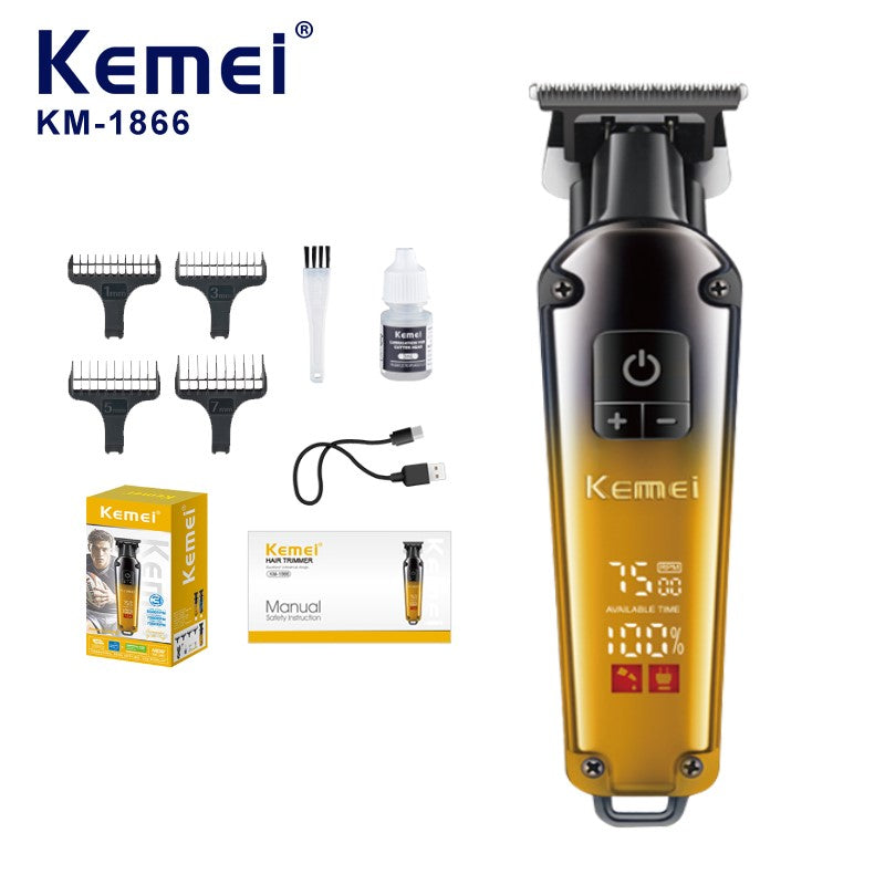 Kemei KM-1866 Professional Hair Clipper – Metal Body, LCD Display, Fast Charging, 1200mAh Battery, Adjustable Lengths