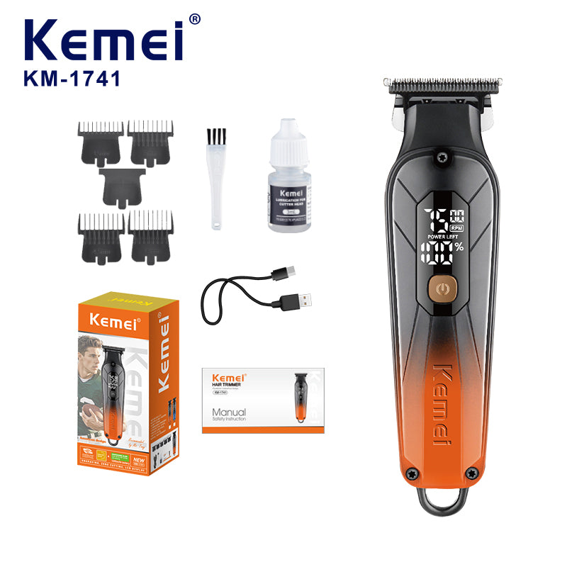 Kemei KM-1741 Professional Hair Clipper – USB Rechargeable, LCD Display, Adjustable Speeds, Stainless Steel Blades