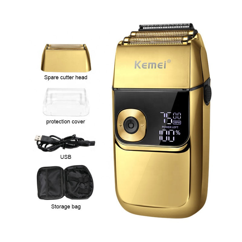 Kemei KM-2028 Electric Shaver for Men – Gold, Wet/Dry Use, LED Display, USB Rechargeable, Cordless Beard Trimmer