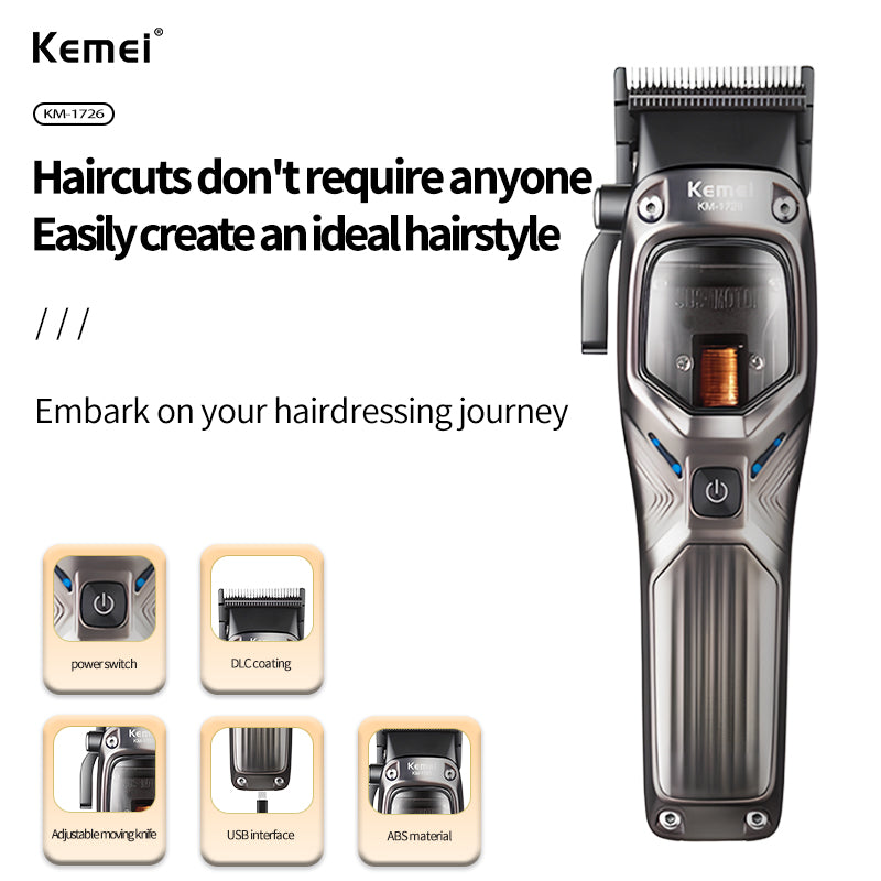 Kemei KM-1726 Professional Hair Clipper – USB Rechargeable, LCD Display, Adjustable Speeds & Cutting Lengths