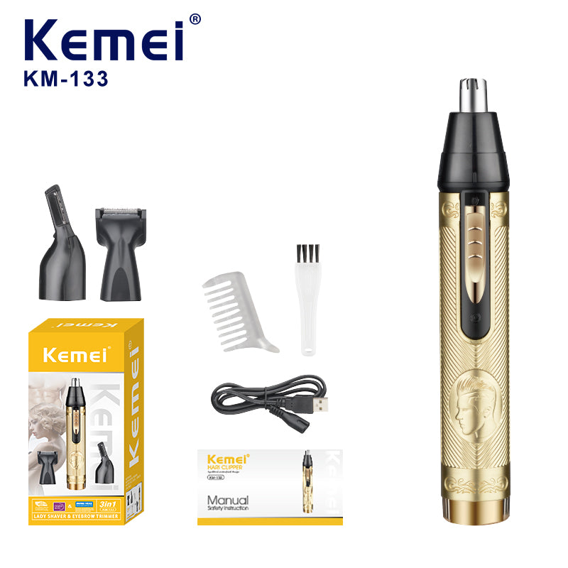 Kemei KM-133 4-in-1 Ear & Nose Hair Trimmer for Men – USB Powered, Portable, Easy Clean, Gold
