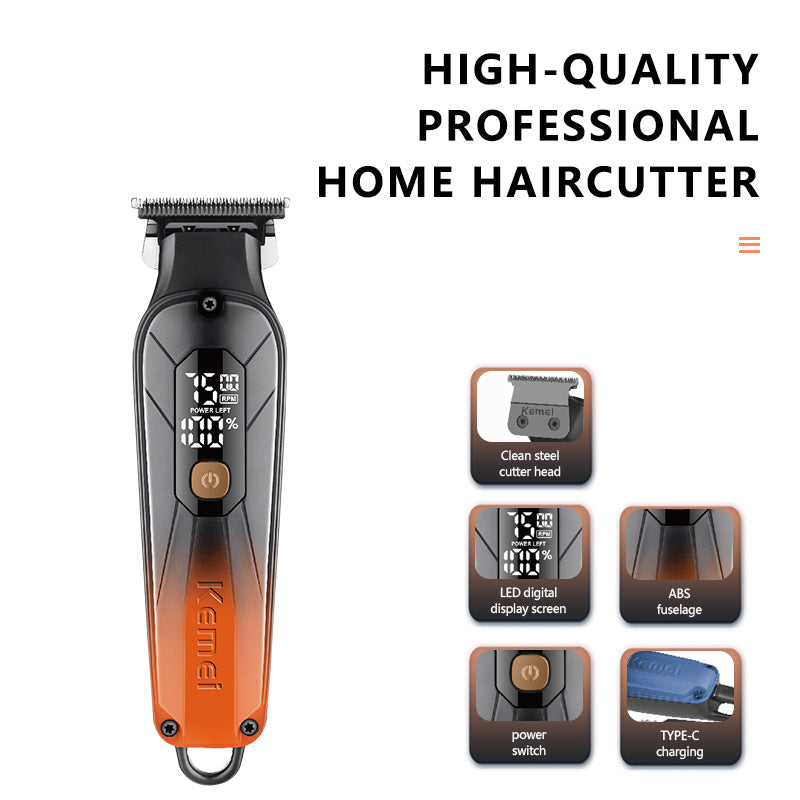 Kemei KM-1741 Professional Hair Clipper – USB Rechargeable, LCD Display, Adjustable Speeds, Stainless Steel Blades