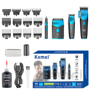 Kemei KM-8534 Professional 4-in-1 Grooming Kit – Hair Clipper, Trimmer, Foil Shaver & Nose/Ear Trimmer with USB Charging