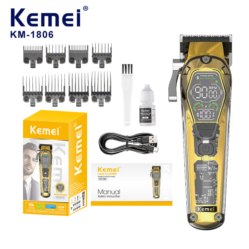 Kemei KM-1806 Professional Hair Clipper Kit – Cordless Electric Hair Trimmer with LCD, Fast Charging, Adjustable Speeds