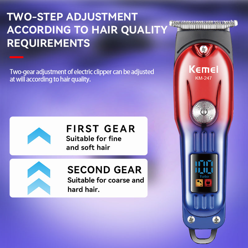 Kemei KM-247 Professional Hair Trimmer – All-in-One Grooming Kit, Fast Charging, Adjustable Lengths, LCD Display