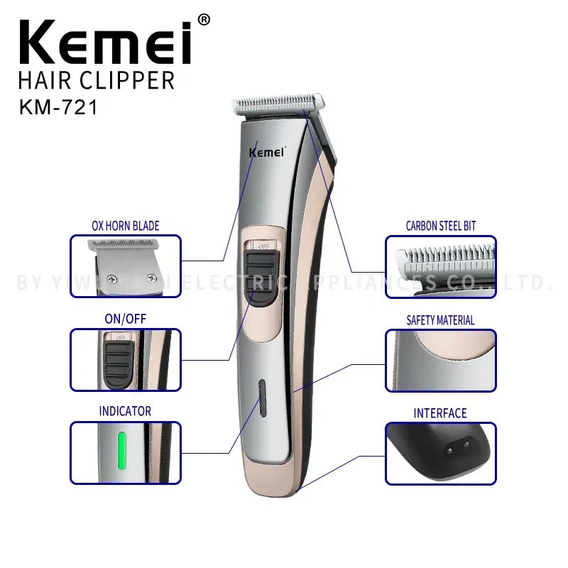 Kemei KM-721 Professional Electric Hair Clipper – USB Rechargeable Trimmer for Men with Stainless Steel Blades