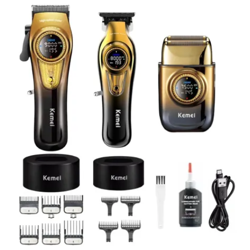 Kemei KM-8557 Professional 3-in-1 Clipper Kit – Cordless Hair Clipper, Detail Trimmer & Shaver with Charging Base