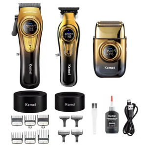 Kemei KM-8557 Professional 3-in-1 Clipper Kit – Cordless Hair Clipper, Detail Trimmer & Shaver with Charging Base