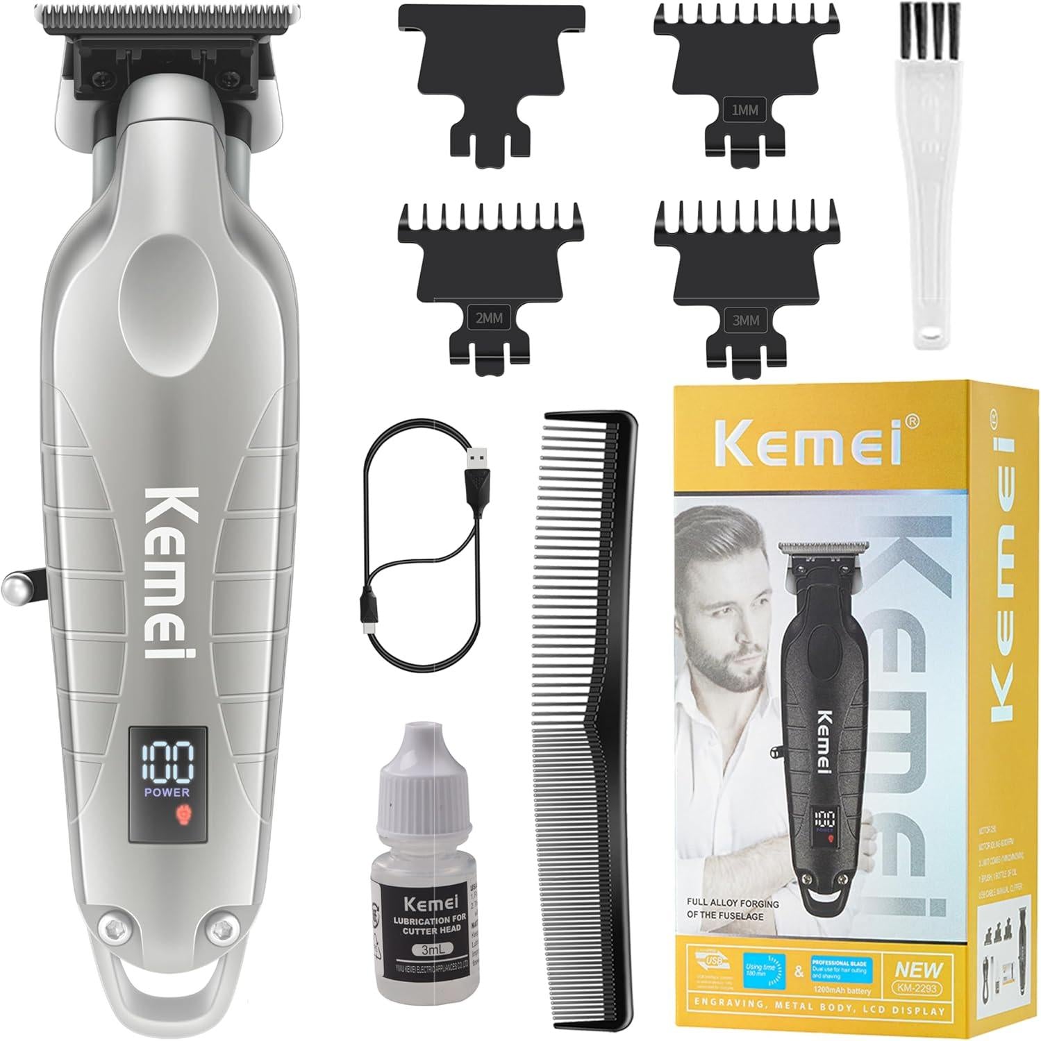 Kemei 2293 Professional Hair Clipper for Men – LED Display, Sharp Metal Blade, USB-C Rechargeable