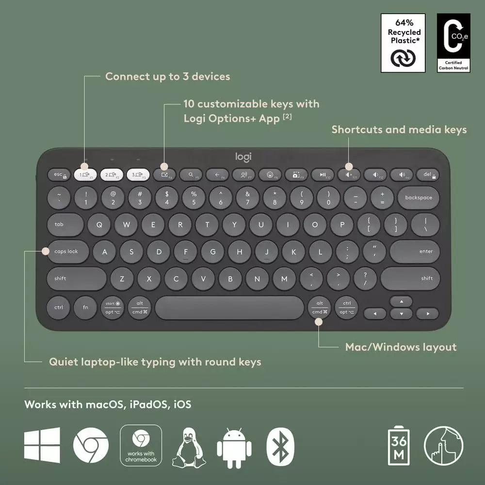 Logitech Pebble Keys 2 K380s Wireless Bluetooth Keyboard – Multi-Device, English/Arabic Layout, Slim & Quiet – Graphite