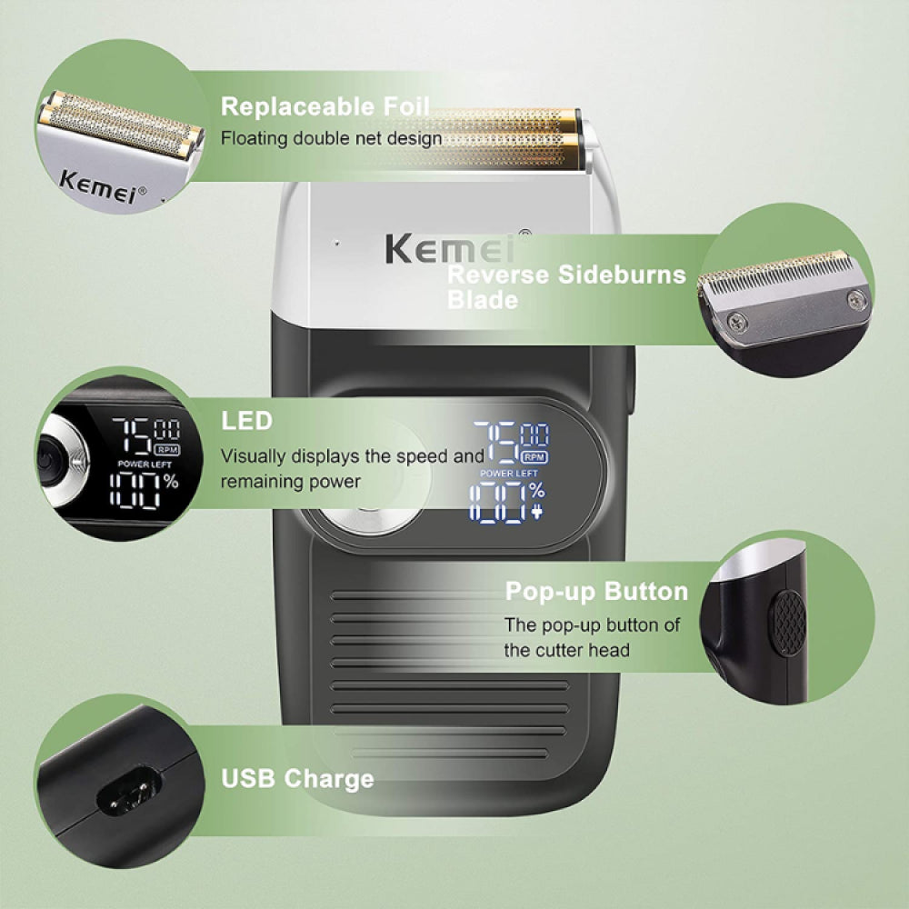 Kemei KM-2026 Hair-Remover-3 Electric Shaver for Men – USB Rechargeable, Dual Mesh Blades, Washable