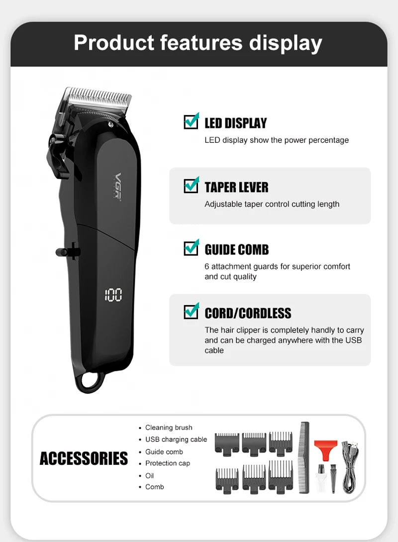 VGR V-118 Professional Hair Clipper – Cordless & Corded Rechargeable Trimmer with LED Display, Long Battery, Stainless Steel Blades