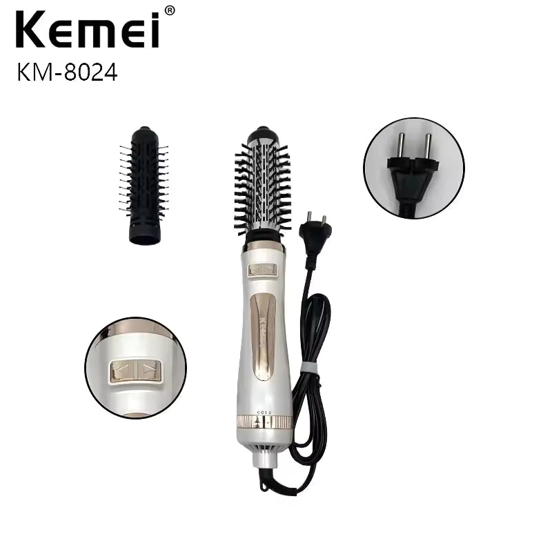Kemei KM- 8024 2-in-1 Rotating Hair Dryer Brush – 800W Ceramic Hot Air Styler & Straightener for All Hair Types