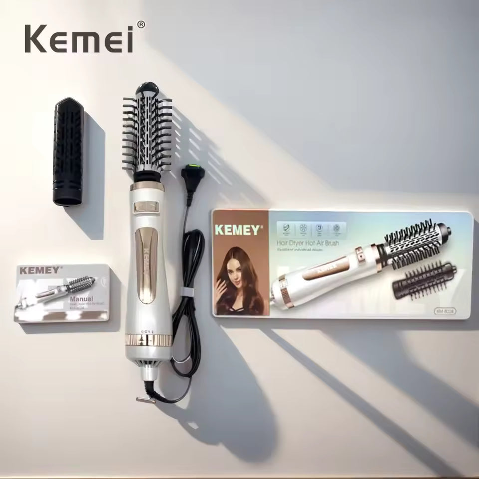 Kemei KM- 8024 2-in-1 Rotating Hair Dryer Brush – 800W Ceramic Hot Air Styler & Straightener for All Hair Types