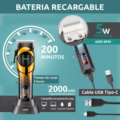 VGR V-166 Professional Hair Clipper – 2000mAh Battery, 200-Min Runtime, Adjustable Blades (0.8–2mm), USB Rechargeable