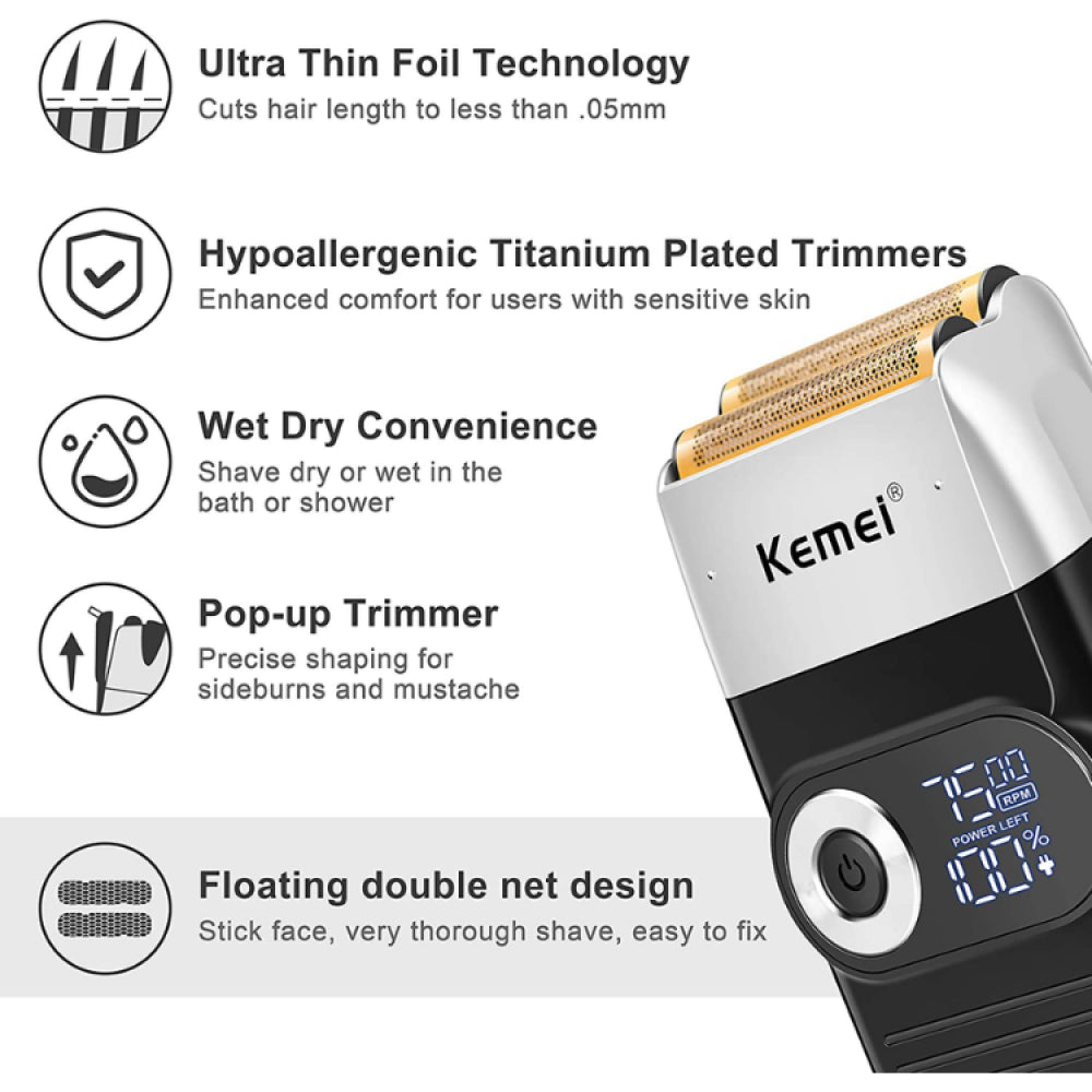 Kemei KM-2026 Hair-Remover-3 Electric Shaver for Men – USB Rechargeable, Dual Mesh Blades, Washable