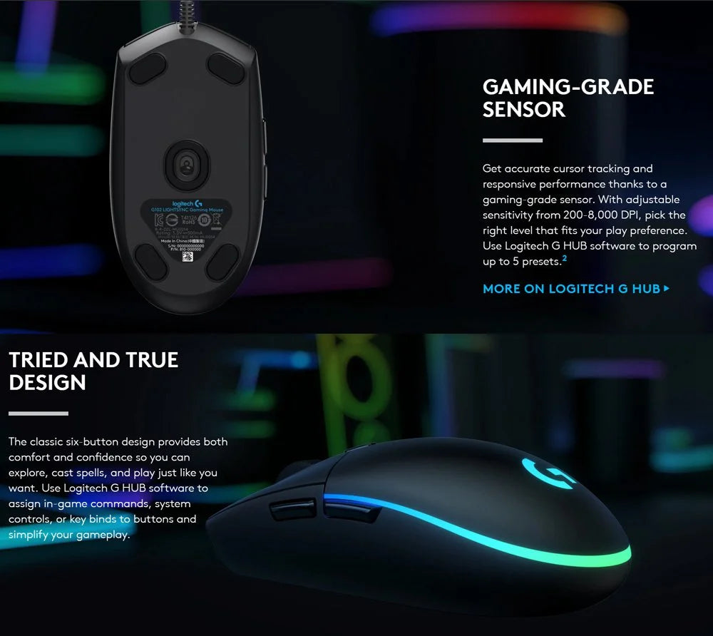Logitech G102 LIGHTSYNC RGB Wired Gaming Mouse – 6 Buttons, HERO Sensor, 200–8,000 DPI – Black