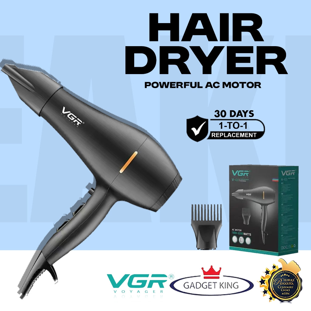 VGR V-433 Professional Hair Dryer – 1800–2200W AC Motor, Fast Drying, Cool Shot, 3 Heat & 2 Speed Settings