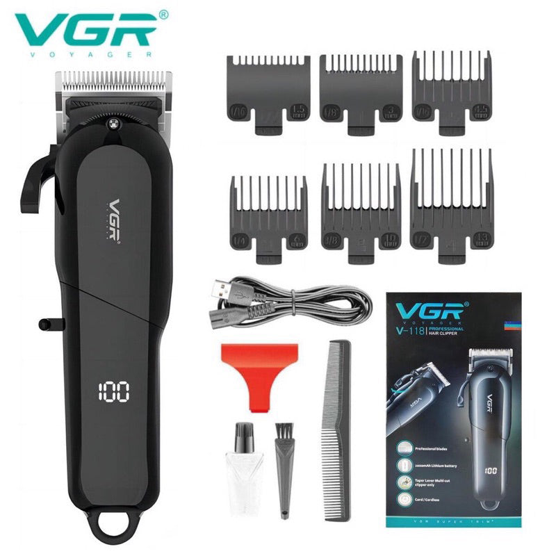 VGR V-118 Professional Hair Clipper – Cordless & Corded Rechargeable Trimmer with LED Display, Long Battery, Stainless Steel Blades