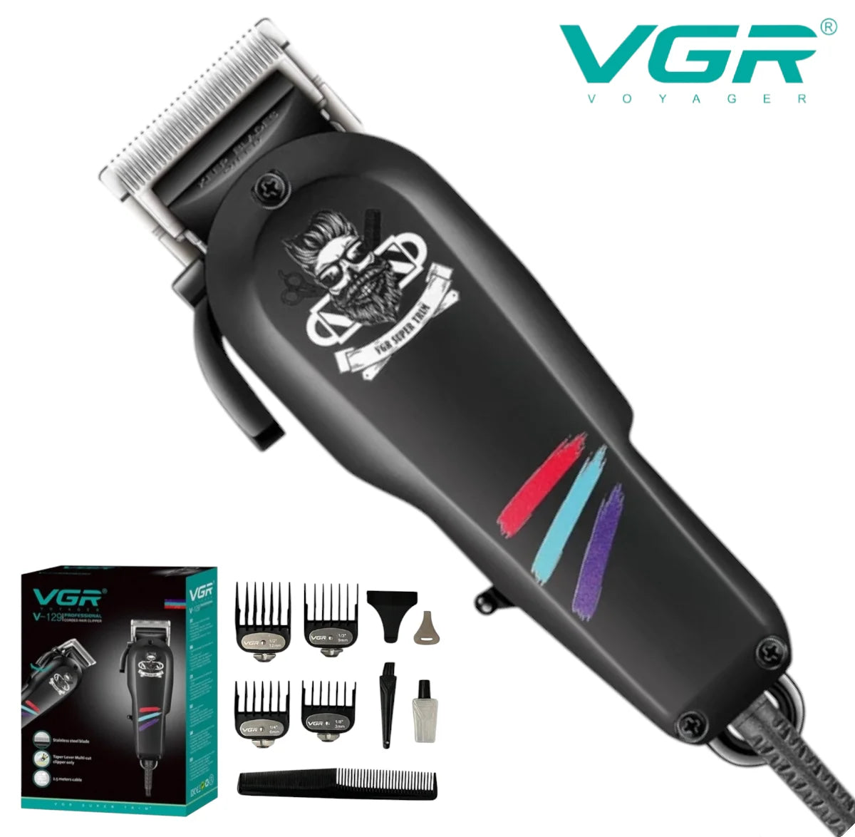 VGR V-129 Professional Hair Clipper – Corded Trimmer with Stainless Steel Blades & Adjustable Cutting Lengths