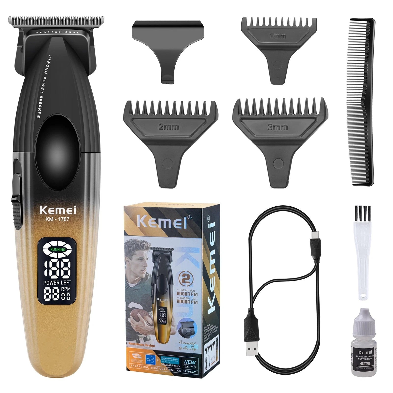 KEMEI KM-1787 Professional Cordless Hair Clipper and Beard Trimmer for Men – Gold, 2000mAh Battery, LCD Display