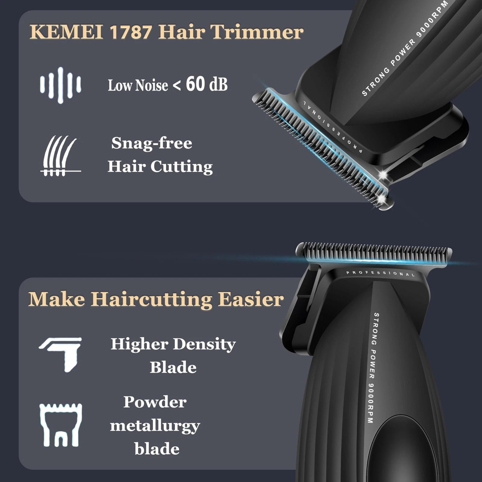 KEMEI KM-1787 Professional Cordless Hair Clipper and Beard Trimmer for Men – Gold, 2000mAh Battery, LCD Display