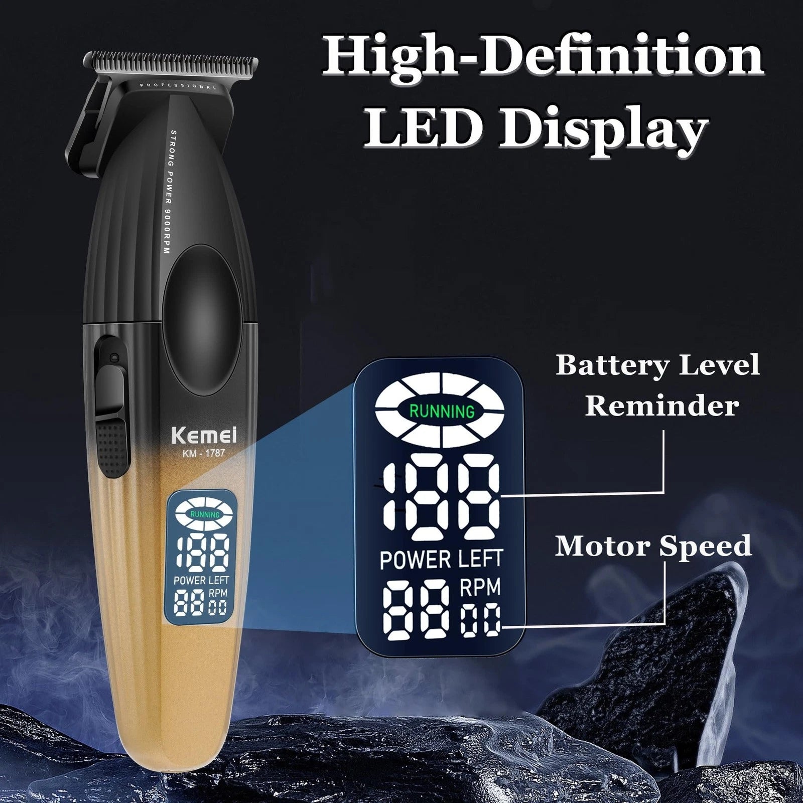 KEMEI KM-1787 Professional Cordless Hair Clipper and Beard Trimmer for Men – Gold, 2000mAh Battery, LCD Display