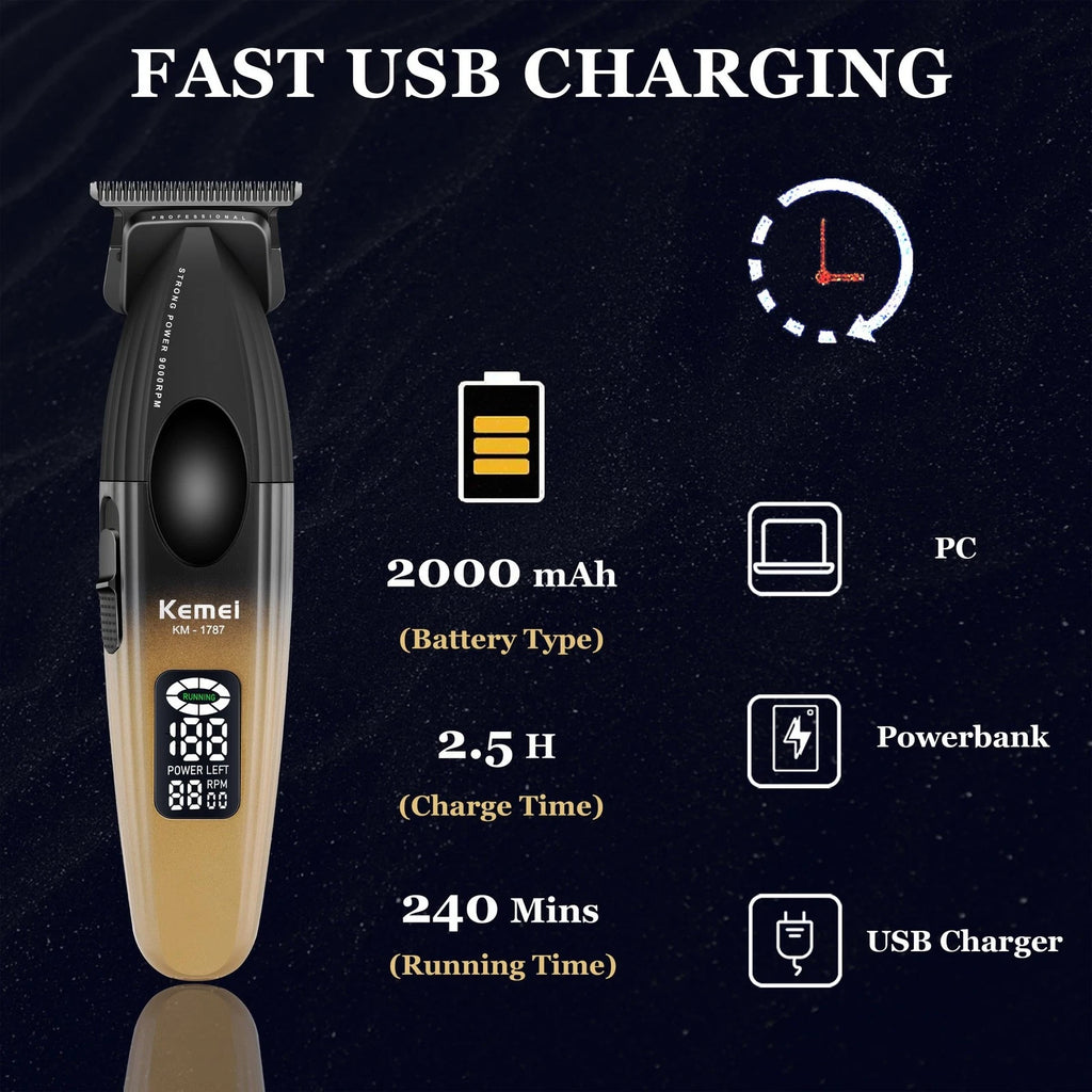 KEMEI KM-1787 Professional Cordless Hair Clipper and Beard Trimmer for Men – Gold, 2000mAh Battery, LCD Display