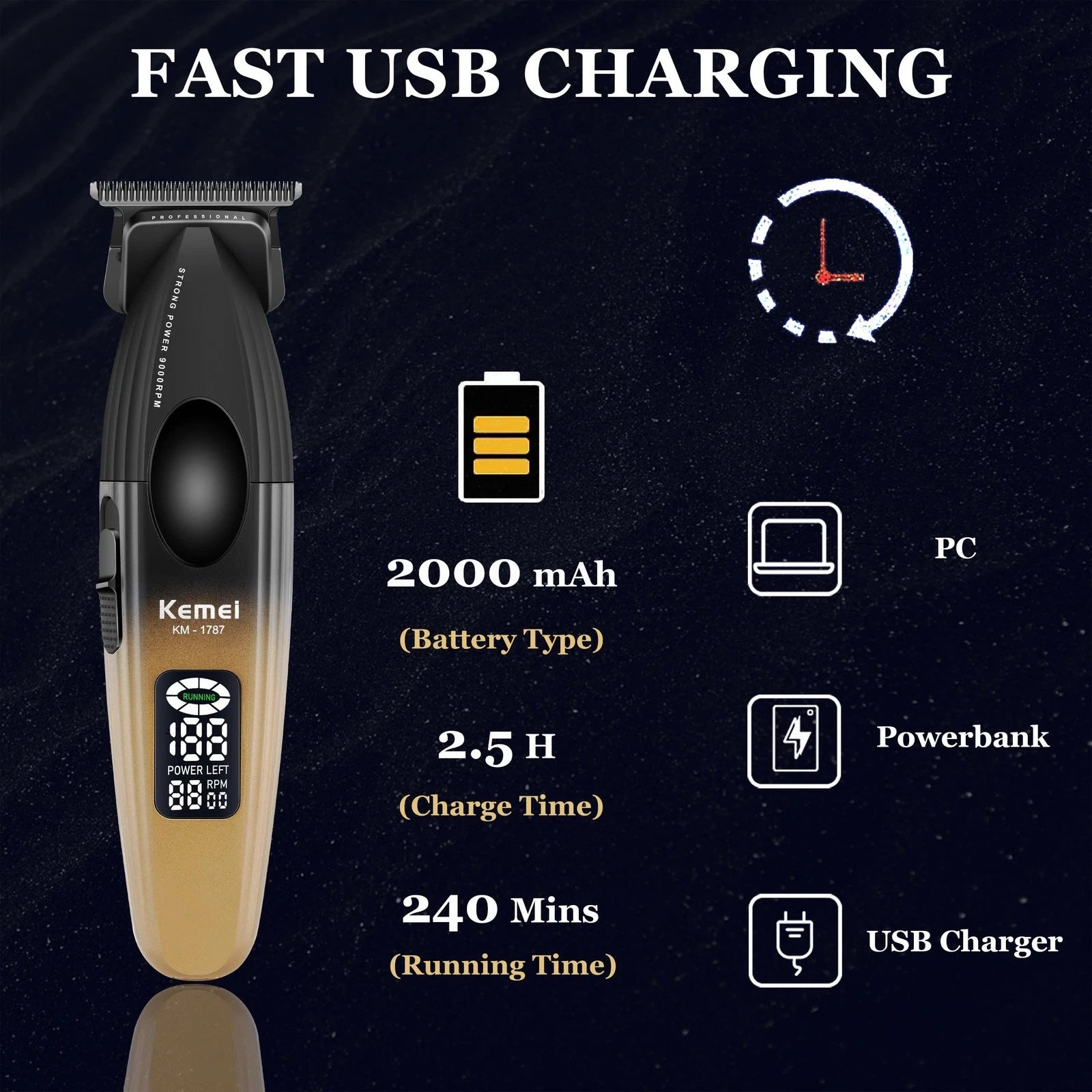 KEMEI KM-1787 Professional Cordless Hair Clipper and Beard Trimmer for Men – Gold, 2000mAh Battery, LCD Display