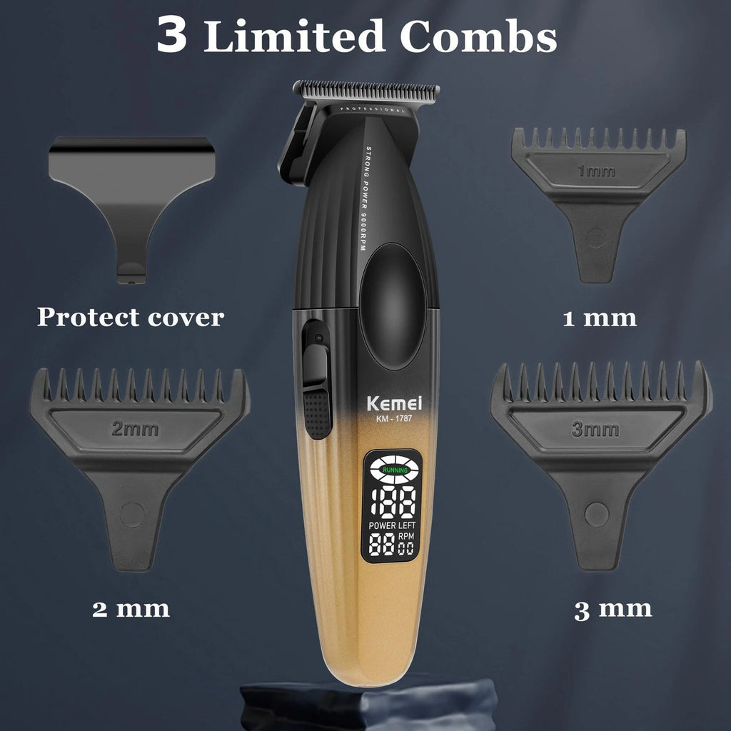 KEMEI KM-1787 Professional Cordless Hair Clipper and Beard Trimmer for Men – Gold, 2000mAh Battery, LCD Display
