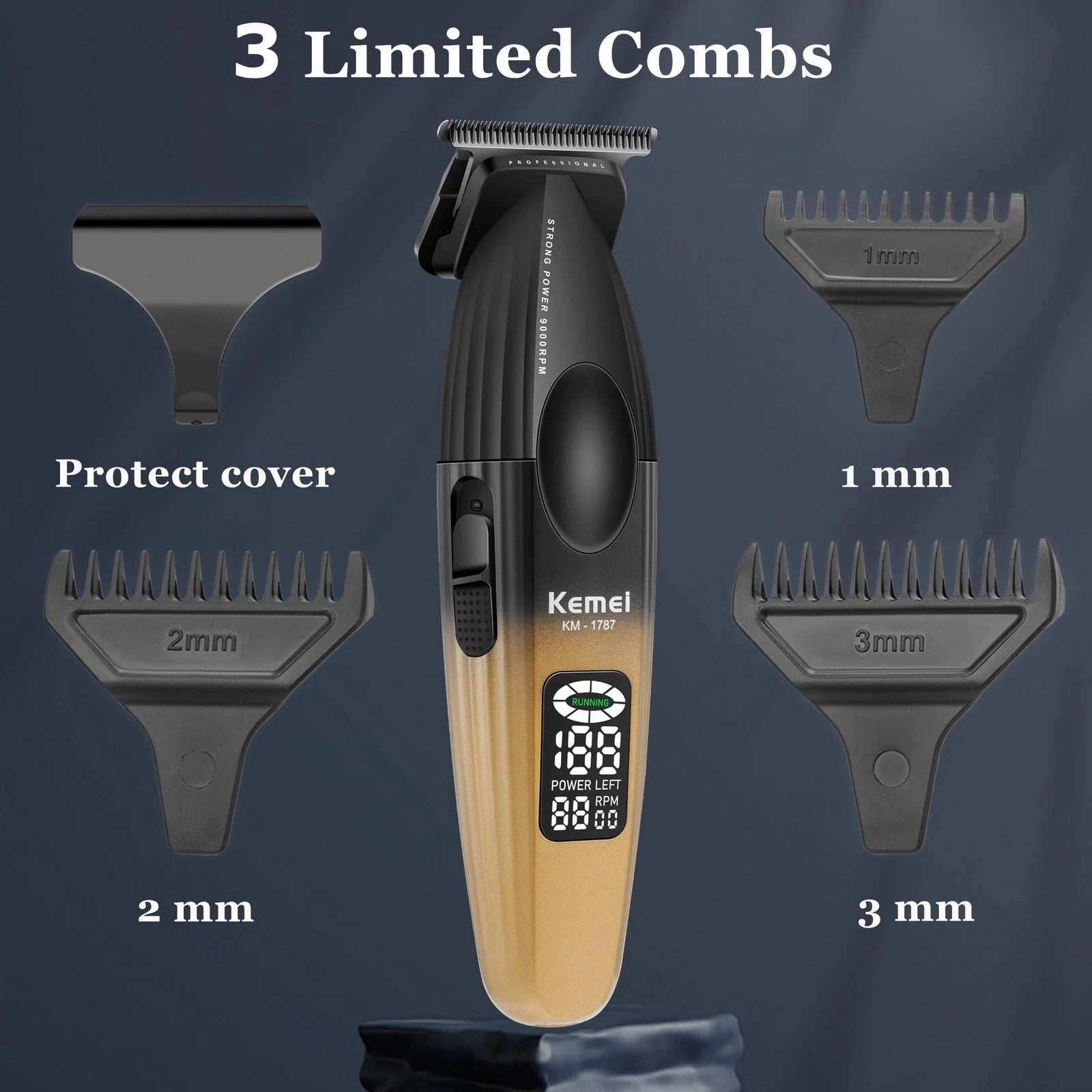 KEMEI KM-1787 Professional Cordless Hair Clipper and Beard Trimmer for Men – Gold, 2000mAh Battery, LCD Display