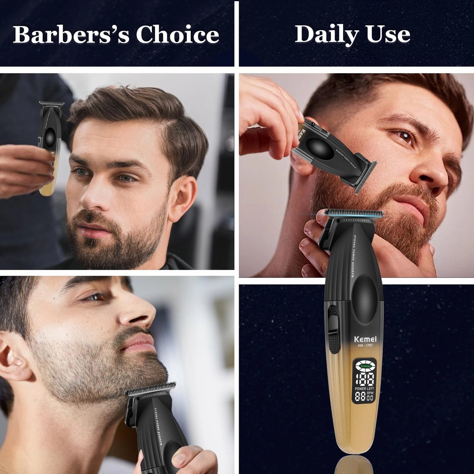 KEMEI KM-1787 Professional Cordless Hair Clipper and Beard Trimmer for Men – Gold, 2000mAh Battery, LCD Display