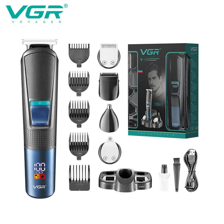 VGR V-108 10-in-1 Professional Men’s Grooming Kit – Corded & Cordless, Stainless Steel Blades, 600mAh Battery