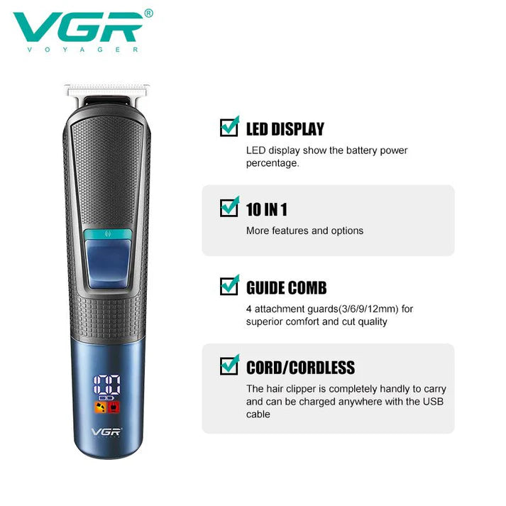 VGR V-108 10-in-1 Professional Men’s Grooming Kit – Corded & Cordless, Stainless Steel Blades, 600mAh Battery