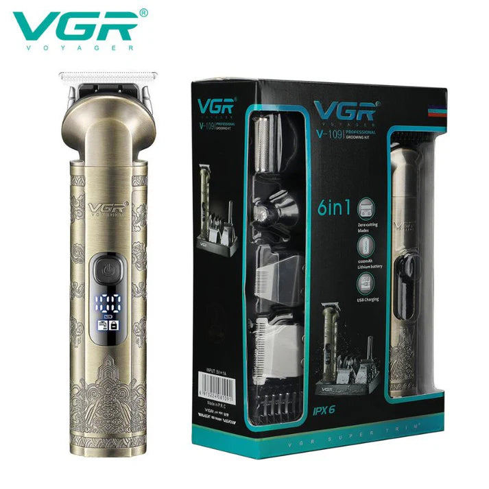 VGR V-109 6-in-1 Men’s Grooming Kit – Metal Body, Smart Display, 180-Min Runtime, USB Rechargeable