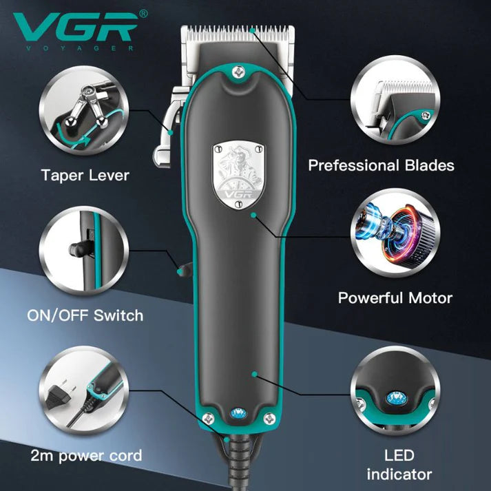 VGR V-123 Professional Hair Clipper for Men – AC Powered, Stainless Steel Blades, 4 Guide Combs